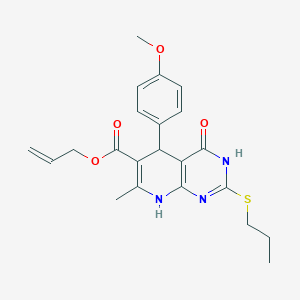 molecular formula C22H25N3O4S B2727353 Allyl 5-(4-methoxyphenyl)-7-methyl-4-oxo-2-(propylthio)-3,4,5,8-tetrahydropyrido[2,3-d]pyrimidine-6-carboxylate CAS No. 930664-83-8