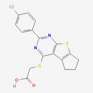 molecular formula C17H13ClN2O2S2 B2727418 2-{[10-(4-Chlorophenyl)-7-thia-9,11-diazatricyclo[6.4.0.0^{2,6}]dodeca-1(12),2(6),8,10-tetraen-12-yl]sulfanyl}acetic acid CAS No. 565192-24-7