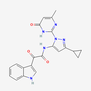 molecular formula C21H18N6O3 B2727422 N-(3-Cyclopropyl-1-(4-methyl-6-oxo-1,6-dihydropyrimidin-2-yl)-1H-pyrazol-5-yl)-2-(1H-indol-3-yl)-2-oxoacetamide CAS No. 1226450-43-6
