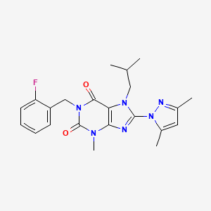 molecular formula C22H25FN6O2 B2727439 8-(3,5-dimethyl-1H-pyrazol-1-yl)-1-(2-fluorobenzyl)-7-isobutyl-3-methyl-1H-purine-2,6(3H,7H)-dione CAS No. 1020454-10-7