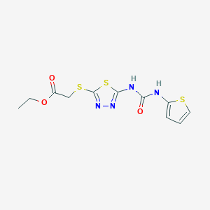 molecular formula C11H12N4O3S3 B2727450 乙酸-2-((5-(3-(噻吩-2-基)脲基)-1,3,4-噻二氮杂唑-2-基)硫代)酯 CAS No. 1001830-00-7