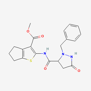 molecular formula C20H21N3O4S B2727520 methyl 2-(2-benzyl-5-oxopyrazolidine-3-carboxamido)-5,6-dihydro-4H-cyclopenta[b]thiophene-3-carboxylate CAS No. 956791-01-8