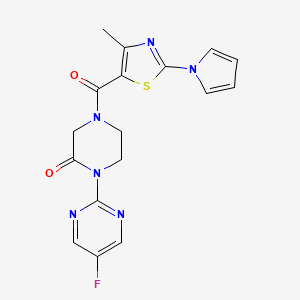 molecular formula C17H15FN6O2S B2727527 1-(5-fluoropyrimidin-2-yl)-4-[4-methyl-2-(1H-pyrrol-1-yl)-1,3-thiazole-5-carbonyl]piperazin-2-one CAS No. 2310142-31-3