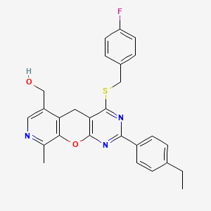 molecular formula C27H24FN3O2S B2727536 [5-(4-Ethylphenyl)-7-{[(4-fluorophenyl)methyl]sulfanyl}-14-methyl-2-oxa-4,6,13-triazatricyclo[8.4.0.0^{3,8}]tetradeca-1(10),3(8),4,6,11,13-hexaen-11-yl]methanol CAS No. 892415-79-1