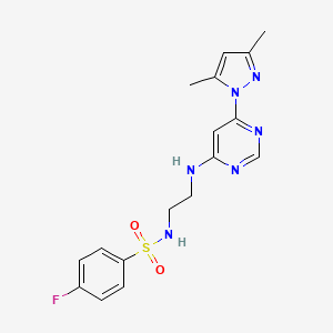 molecular formula C17H19FN6O2S B2727590 N-(2-((6-(3,5-二甲基-1H-吡唑-1-基)嘧啶-4-基)氨基)乙基)-4-氟苯磺酰胺 CAS No. 1173250-26-4