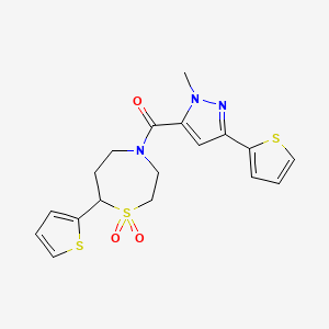 molecular formula C18H19N3O3S3 B2727741 (1,1-二氧-7-(噻吩-2-基)-1,4-噻唑烷-4-基)(1-甲基-3-(噻吩-2-基)-1H-吡唑-5-基)甲酮 CAS No. 2034460-40-5