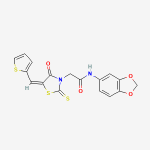 molecular formula C17H12N2O4S3 B2727745 (E)-N-(benzo[d][1,3]dioxol-5-yl)-2-(4-oxo-5-(thiophen-2-ylmethylene)-2-thioxothiazolidin-3-yl)acetamide CAS No. 613225-41-5