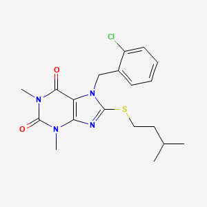 molecular formula C19H23ClN4O2S B2727785 7-[(2-Chlorophenyl)methyl]-1,3-dimethyl-8-(3-methylbutylsulfanyl)purine-2,6-dione CAS No. 373372-35-1
