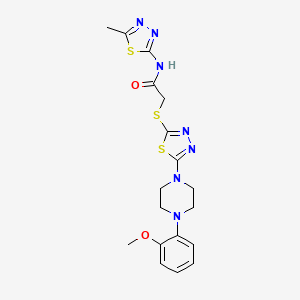 molecular formula C18H21N7O2S3 B2727873 2-((5-(4-(2-methoxyphenyl)piperazin-1-yl)-1,3,4-thiadiazol-2-yl)thio)-N-(5-methyl-1,3,4-thiadiazol-2-yl)acetamide CAS No. 1105252-60-5