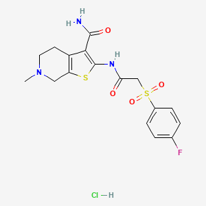 molecular formula C17H19ClFN3O4S2 B2727975 2-(2-((4-氟苯基)磺酰)乙酰氨基)-6-甲基-4,5,6,7-四氢噻吩并[2,3-c]吡啶-3-甲酰胺盐酸盐 CAS No. 1177921-02-6