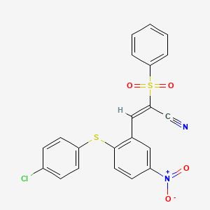 B2728003 3-(2-(4-Chlorophenylthio)-5-nitrophenyl)-2-(phenylsulfonyl)prop-2-enenitrile CAS No. 1025642-11-8
