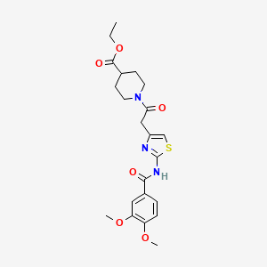 molecular formula C22H27N3O6S B2728032 Ethyl 1-(2-(2-(3,4-dimethoxybenzamido)thiazol-4-yl)acetyl)piperidine-4-carboxylate CAS No. 1005308-10-0