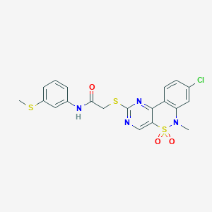 molecular formula C20H17ClN4O3S3 B2728039 2-((8-chloro-6-methyl-5,5-dioxido-6H-benzo[c]pyrimido[4,5-e][1,2]thiazin-2-yl)thio)-N-(3-(methylthio)phenyl)acetamide CAS No. 1111434-23-1