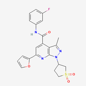 molecular formula C22H19FN4O4S B2728104 1-(1,1-dioxidotetrahydrothiophen-3-yl)-N-(3-fluorophenyl)-6-(furan-2-yl)-3-methyl-1H-pyrazolo[3,4-b]pyridine-4-carboxamide CAS No. 1021216-01-2