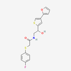 molecular formula C18H16FNO3S2 B2728110 2-(4-Fluorophenyl)sulfanyl-N-[2-[4-(furan-2-yl)thiophen-2-yl]-2-hydroxyethyl]acetamide CAS No. 2380044-26-6