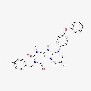 molecular formula C30H29N5O3 B2728126 1,7-dimethyl-3-[(4-methylphenyl)methyl]-9-(4-phenoxyphenyl)-1H,2H,3H,4H,6H,7H,8H,9H-pyrimido[1,2-g]purine-2,4-dione CAS No. 921147-72-0