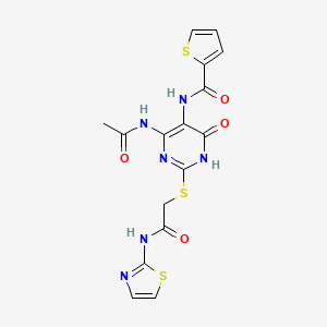 molecular formula C16H14N6O4S3 B2728168 N-(4-acetamido-6-oxo-2-((2-oxo-2-(thiazol-2-ylamino)ethyl)thio)-1,6-dihydropyrimidin-5-yl)thiophene-2-carboxamide CAS No. 872608-95-2