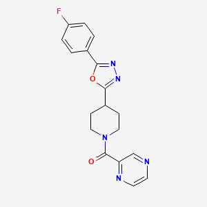 molecular formula C18H16FN5O2 B2728171 (4-(5-(4-Fluorophenyl)-1,3,4-oxadiazol-2-yl)piperidin-1-yl)(pyrazin-2-yl)methanone CAS No. 1210210-53-9