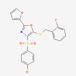 molecular formula C20H13BrFNO4S2 B2728239 4-((4-Bromophenyl)sulfonyl)-5-((2-fluorobenzyl)thio)-2-(furan-2-yl)oxazole CAS No. 686738-38-5