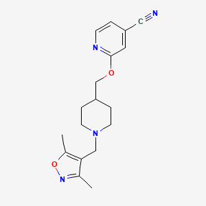 molecular formula C18H22N4O2 B2728271 2-[[1-[(3,5-Dimethyl-1,2-oxazol-4-yl)methyl]piperidin-4-yl]methoxy]pyridine-4-carbonitrile CAS No. 2415454-77-0