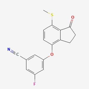 molecular formula C17H12FNO2S B2728461 Benzonitrile, 3-[[2,3-dihydro-7-(methylthio)-1-oxo-1H-inden-4-yl]oxy]-5-fluoro- CAS No. 1672665-69-8