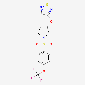 molecular formula C13H12F3N3O4S2 B2728527 3-((1-((4-(Trifluoromethoxy)phenyl)sulfonyl)pyrrolidin-3-yl)oxy)-1,2,5-thiadiazole CAS No. 2309779-67-5