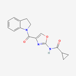 molecular formula C16H15N3O3 B2728575 N-(4-(indoline-1-carbonyl)oxazol-2-yl)cyclopropanecarboxamide CAS No. 1351644-24-0