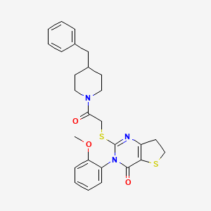 molecular formula C27H29N3O3S2 B2728629 2-[2-(4-Benzylpiperidin-1-yl)-2-oxoethyl]sulfanyl-3-(2-methoxyphenyl)-6,7-dihydrothieno[3,2-d]pyrimidin-4-one CAS No. 393573-07-4
