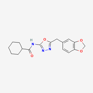 molecular formula C17H19N3O4 B2728642 N-(5-(苯并[d][1,3]二噁英-5-基甲基)-1,3,4-噁二唑-2-基)环己基甲酰胺 CAS No. 922019-44-1