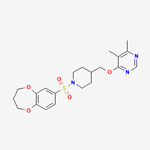 molecular formula C21H27N3O5S B2728648 4-((1-((3,4-二氢-2H-苯并[b][1,4]二噁烷-7-基磺酰)哌啶-4-基)甲氧基)-5,6-二甲基嘧啶 CAS No. 2309778-32-1