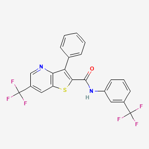 molecular formula C22H12F6N2OS B2728687 3-phenyl-6-(trifluoromethyl)-N-[3-(trifluoromethyl)phenyl]thieno[3,2-b]pyridine-2-carboxamide CAS No. 478260-60-5