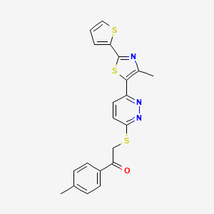 molecular formula C21H17N3OS3 B2728693 2-((6-(4-甲基-2-(噻吩-2-基)噻唑-5-基)吡啶-3-基)硫基)-1-(对甲苯基)乙酮 CAS No. 923201-65-4