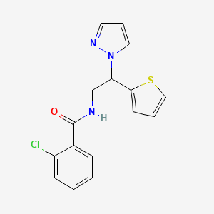 molecular formula C16H14ClN3OS B2728723 N-(2-(1H-pyrazol-1-yl)-2-(thiophen-2-yl)ethyl)-2-chlorobenzamide CAS No. 2034269-38-8