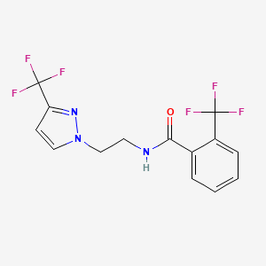 molecular formula C14H11F6N3O B2728728 2-(trifluoromethyl)-N-(2-(3-(trifluoromethyl)-1H-pyrazol-1-yl)ethyl)benzamide CAS No. 1448123-50-9