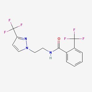 molecular formula C14H11F6N3O B2728728 2-(三氟甲基)-N-(2-(3-(三氟甲基)-1H-吡唑-1-基)乙基)苯甲酰胺 CAS No. 1448123-50-9