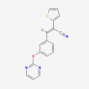 molecular formula C17H11N3OS B2728874 (E)-3-(3-pyrimidin-2-yloxyphenyl)-2-thiophen-2-ylprop-2-enenitrile CAS No. 861210-11-9