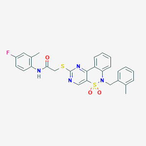 molecular formula C27H23FN4O3S2 B2728955 N-(4-fluoro-2-methylphenyl)-2-((6-(2-methylbenzyl)-5,5-dioxido-6H-benzo[c]pyrimido[4,5-e][1,2]thiazin-2-yl)thio)acetamide CAS No. 932476-41-0