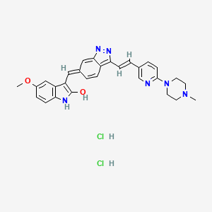 molecular formula C29H30Cl2N6O2 B2728982 (Z)-5-methoxy-3-((3-((E)-2-(6-(4-methylpiperazin-1-yl)pyridin-3-yl)vinyl)-1H-indazol-6-yl)methylene)indolin-2-one dihydrochloride CAS No. 1168722-82-4