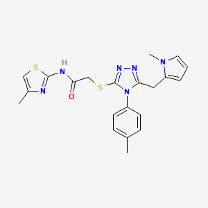 molecular formula C21H22N6OS2 B2728984 2-((5-((1-甲基-1H-吡咯-2-基)甲基)-4-(对甲苯基)-4H-1,2,4-三嗪-3-基)硫)-N-(4-甲基噻唑-2-基)乙酰胺 CAS No. 847392-75-0