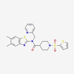 molecular formula C25H26N4O3S3 B2728986 N-(5,6-dimethylbenzo[d]thiazol-2-yl)-N-(pyridin-2-ylmethyl)-1-(thiophen-2-ylsulfonyl)piperidine-4-carboxamide CAS No. 922982-50-1