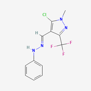 molecular formula C12H10ClF3N4 B2729096 5-氯-1-甲基-3-(三氟甲基)-1H-吡唑-4-甲醛 4-苯基肼 CAS No. 959572-31-7