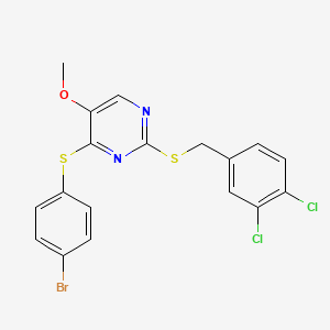 molecular formula C18H13BrCl2N2OS2 B2729149 4-[(4-Bromophenyl)sulfanyl]-2-[(3,4-dichlorobenzyl)sulfanyl]-5-pyrimidinyl methyl ether CAS No. 339276-02-7