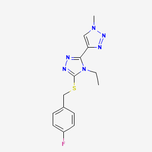 molecular formula C14H15FN6S B2729178 4-Ethyl-3-[(4-fluorophenyl)methylsulfanyl]-5-(1-methyltriazol-4-yl)-1,2,4-triazole CAS No. 2310012-45-2