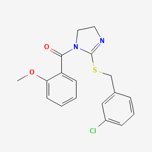 molecular formula C18H17ClN2O2S B2729227 [2-[(3-Chlorophenyl)methylsulfanyl]-4,5-dihydroimidazol-1-yl]-(2-methoxyphenyl)methanone CAS No. 851808-07-6