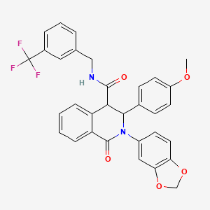 molecular formula C32H25F3N2O5 B2729341 2-(1,3-benzodioxol-5-yl)-3-(4-methoxyphenyl)-1-oxo-N-[[3-(trifluoromethyl)phenyl]methyl]-3,4-dihydroisoquinoline-4-carboxamide CAS No. 1023518-73-1