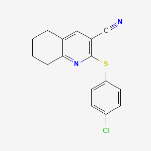 molecular formula C16H13ClN2S B2729384 2-[(4-Chlorophenyl)sulfanyl]-5,6,7,8-tetrahydro-3-quinolinecarbonitrile CAS No. 439095-84-8