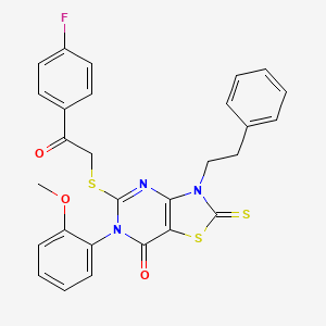 molecular formula C28H22FN3O3S3 B2729430 5-((2-(4-fluorophenyl)-2-oxoethyl)thio)-6-(2-methoxyphenyl)-3-phenethyl-2-thioxo-2,3-dihydrothiazolo[4,5-d]pyrimidin-7(6H)-one CAS No. 422306-79-4