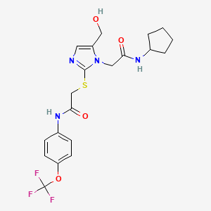 molecular formula C20H23F3N4O4S B2729459 2-{[1-[2-(cyclopentylamino)-2-oxoethyl]-5-(hydroxymethyl)-1H-imidazol-2-yl]thio}-N-[4-(trifluoromethoxy)phenyl]acetamide CAS No. 923249-82-5