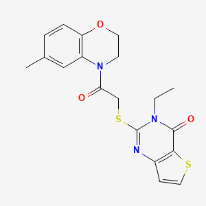 molecular formula C19H19N3O3S2 B2729465 3-ethyl-2-{[2-(6-methyl-2,3-dihydro-4H-1,4-benzoxazin-4-yl)-2-oxoethyl]sulfanyl}thieno[3,2-d]pyrimidin-4(3H)-one CAS No. 1252921-88-2