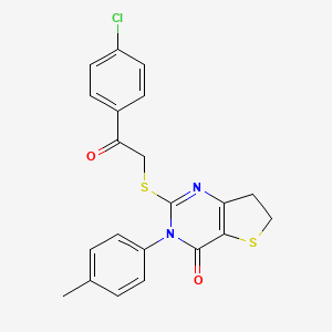 molecular formula C21H17ClN2O2S2 B2729490 2-((2-(4-chlorophenyl)-2-oxoethyl)thio)-3-(p-tolyl)-6,7-dihydrothieno[3,2-d]pyrimidin-4(3H)-one CAS No. 686772-00-9